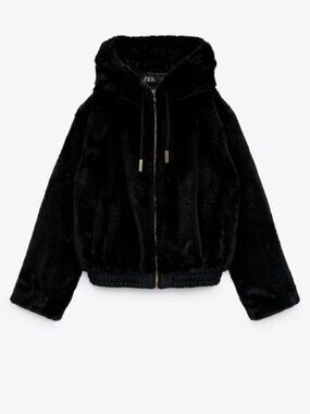 Zara Black Faux Fur Hooded Bomber Jacket